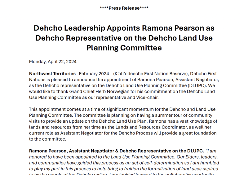 Dehcho Leadership Appoints Ramona Pearson as Dehcho Representative on the Dehcho Land Use Planning Committee